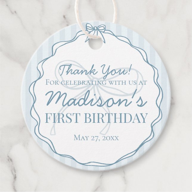 Blåkokvett Bow Pastel Stripe Birthday Gåvor Etiketter (Framsida)