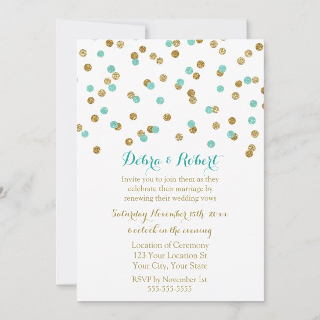 Blåkonfetti Vow-inbjudan till förnyelse av guld Aq Inbjudningar (Baksida)