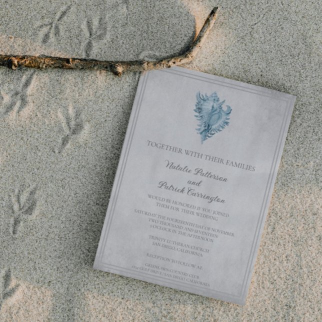 Blåkonsols inbjudan till Snäcka bröllop (Blue Conch Shell Wedding Invitation)
