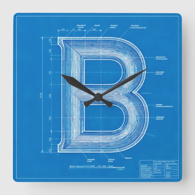 Blåkopierad monogram bokstav B Fyrkantig Klocka (Framsida)
