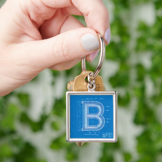 Blåkopierad monogram bokstav B Fyrkantig Silverfärgad Nyckelring (Hand)