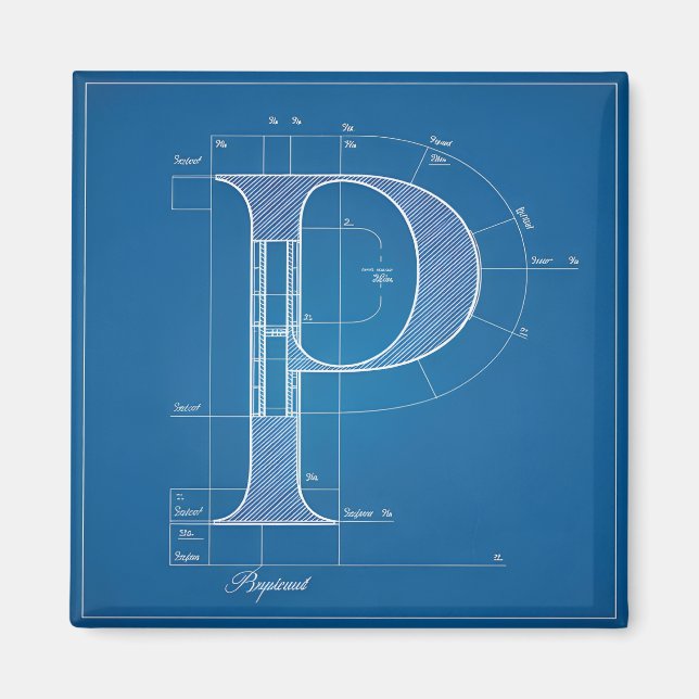 Blåkopieringsmonogram bokstav P Magnet (Framsidan)