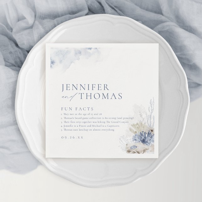 Blåkorall och strand på stranden av roligtar Bröll Pappersservett (Fun facts blue coral & seashells beach Wedding Napkins)