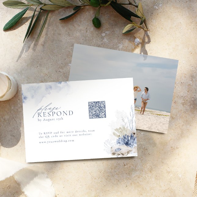Blåkorall och stranden, bröllopskod QR OSA Kort (Blue coral & seashells beach wedding QR code RSVP Card)