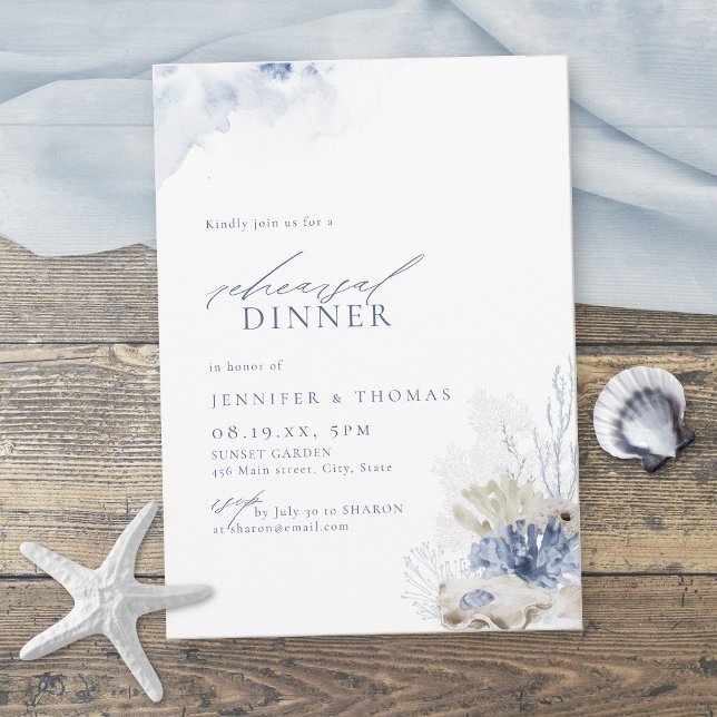 Blåkorall och strandrehearsalmiddag inbjudningar (Blue coral & seashells beach rehearsal dinner invitation)