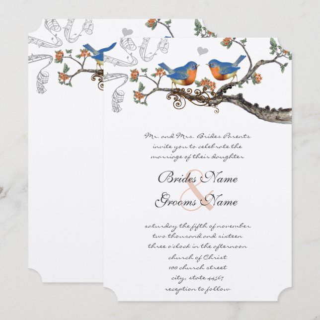 Blåkorall Vintage Bluebirds Bröllopsinbjudningar Inbjudningar (Fram/baksida)