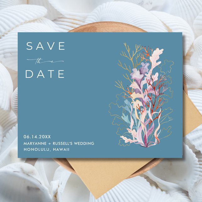 Blåkorallasbröllop Spara datum Meddelande Vykort (Blue Coral Beach Wedding Save the Date Postcard)