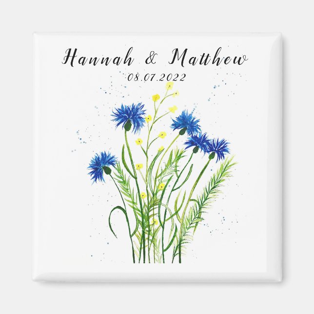 Blåkornblommor blommigt vattenfärg söt Bröllop Magnet (Framsidan)