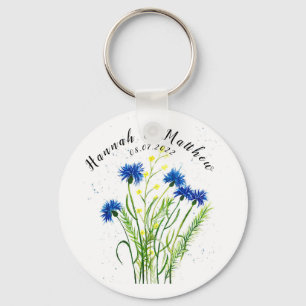 Blåkornblommor blommigt vattenfärg söt Bröllop Nyckelring