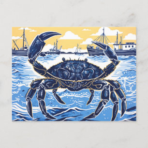 Blåkrabba, sjön och ett fiskefartyg i Linocut Vykort