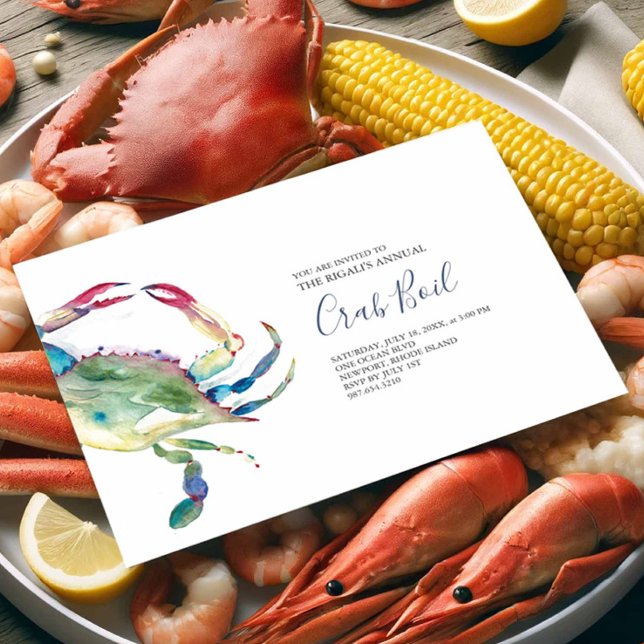 Blåkrabba, sommarfest, inbjudan (Seafood boil invitations features a watercolor blue crab art by Victoria Grigaliunas Do Tell A Belle)