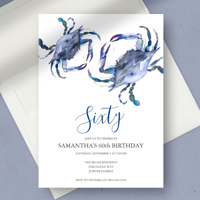 Blåkrabbbåt 60:e födelsedagsinbjudan inbjudningar (60th birthday invitations watercolor blue crab art by Victoria Grigaliunas Do Tell A Belle)