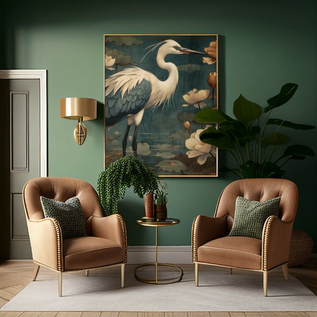 Blåkran och lotus i vintagen canvastryck (Skapare uppladdad)