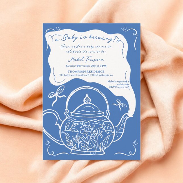 Blåkryp tekanna baby brinner dusch inbjudningar (Blue retro bows teapot baby is brewing shower invitation)