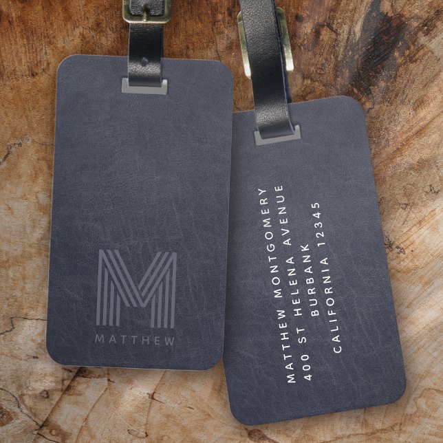 Blåläder, fetstil, monogram, mullina bagagebricka (Skapare uppladdad)
