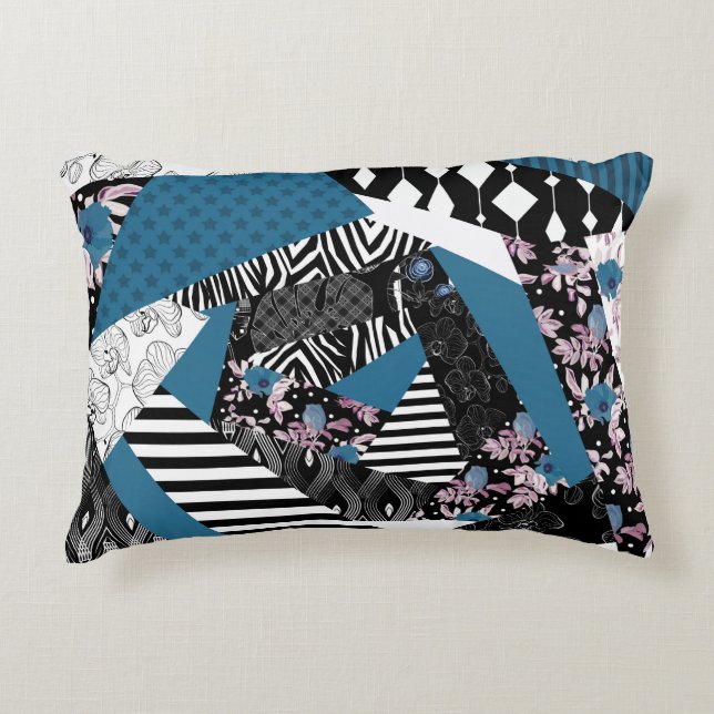 Blålappverk, populärt, lappverk, folk, rustik, prydnadskudde (Framsidan)