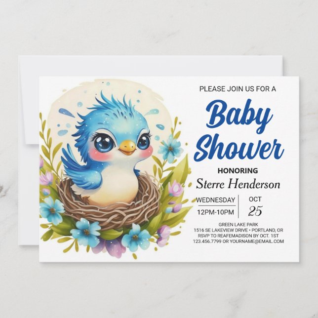 Blåljus i Skogen Bird Boy Shower Inbjudningar (Framsida)