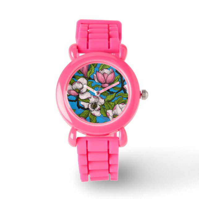 Blåmagnolia på blå armbandsur (Framsida)