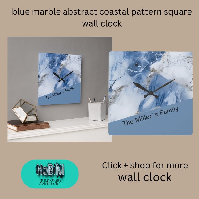 Blåmarmor abstrakt mönster fyrkantig klocka (blue marble abstract coastal pattern square wall clock)