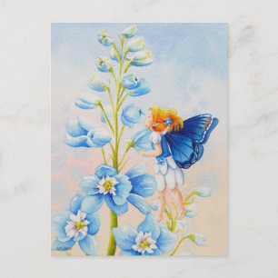 Blåmjölk på Delphinium Flower Watercolor Art Vykort