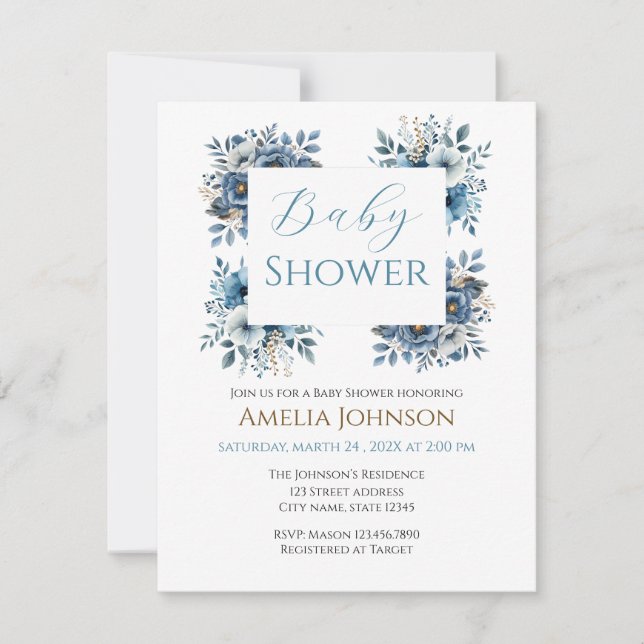 Blåmodern Blommigt Vattenfärgsbabyskor Inbjudningar (Framsida)