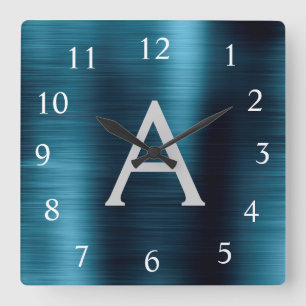 Blåmodern Elegant Metallic Monogram Namn Fyrkantig Klocka