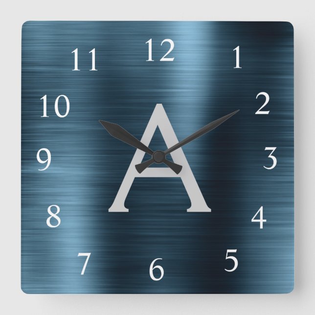 Blåmodern Elegant Metallic Monogram Namn Fyrkantig Klocka (Framsida)