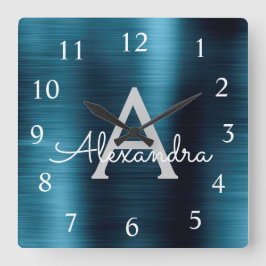 Blåmodern Elegant Metallic Monogram Namn Fyrkantig Klocka