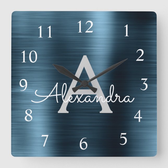 Blåmodern Elegant Metallic Monogram Namn Fyrkantig Klocka (Framsida)