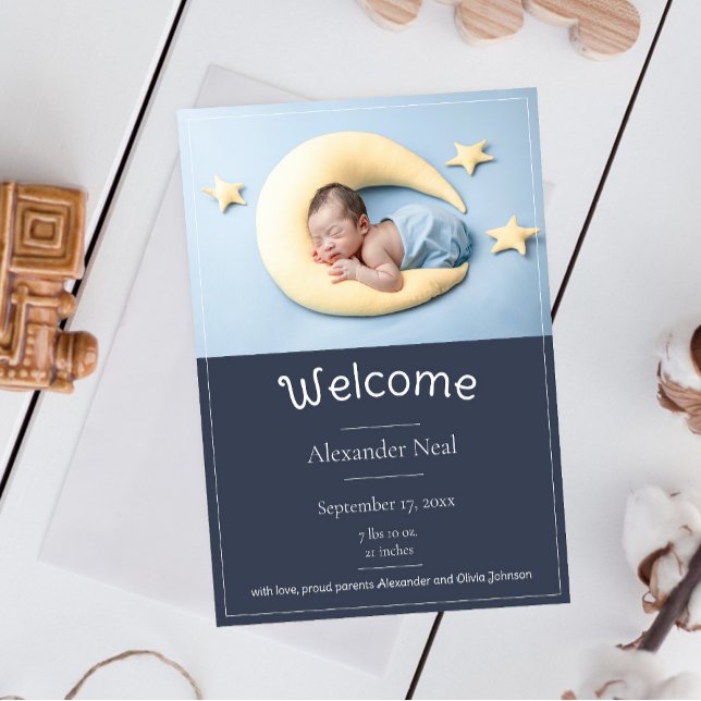 Blåmodern foto-födelsemeddelande meddelande (Blue Modern Photo Birth Announcement)