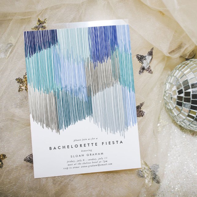 Blåmodern Modern Fringe Bachelorette-partiets inbj Spara Datumet (Blue modern fringe bachelorette party invitation.)