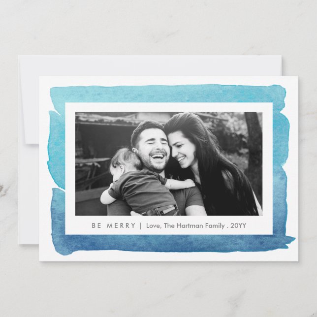 Blåmodern vattenfärg - två fotojul julkort (Framsida)