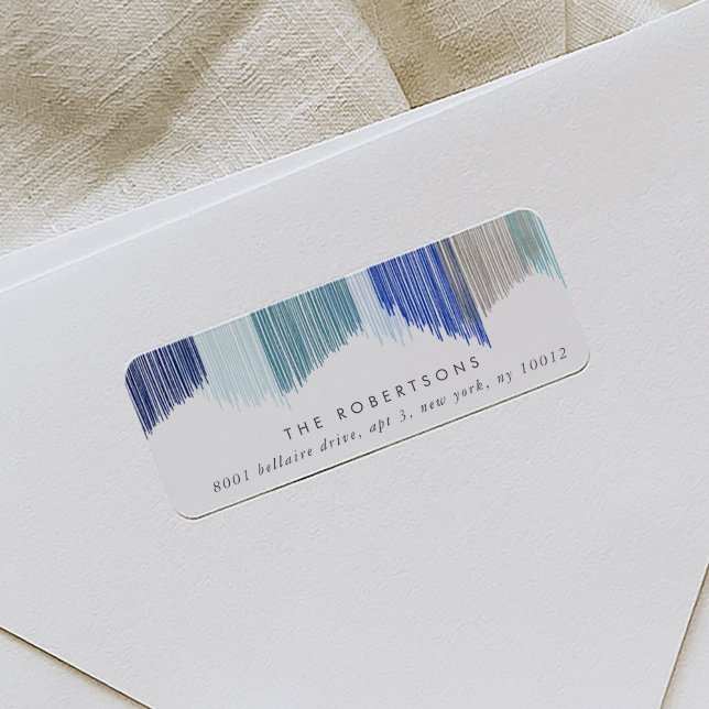 Blåmoderna Returetiketter i sidled Returadress Etikett (Blue modern fringe return address labels.)