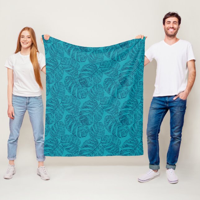Blåmonstera löv . fleecefilt (På plats)