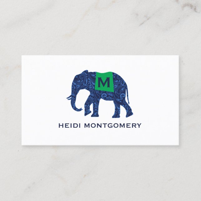Blåmönstrad elefant med Monogram Visitkort (Framsida)