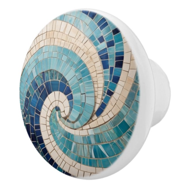 Blåmosaik Abstrakt Ocean Wave Swirl Sea Theme Knopp (Höger)