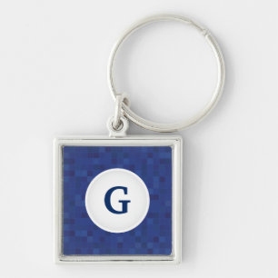 Blåmosaikpixel mönster personlig monogram fyrkantig silverfärgad nyckelring