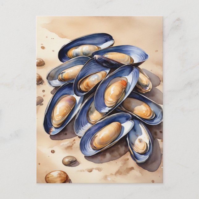 Blåmusslor på stranden vykort (Framsida)