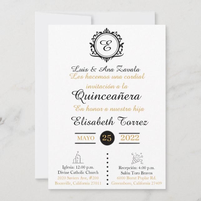 Blan  oro  invitations for quinceañera elegante  (Framsida)