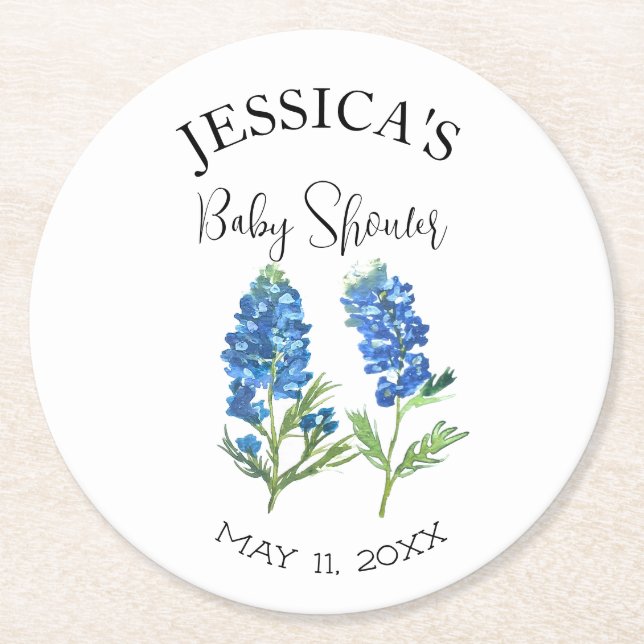 Blånät Blommor Texas Baby Shower Girl Underlägg Papper Rund (Framsidan)