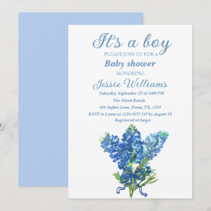 Blånät Texas Blommigt Blue Bow Pojke dusch Inbjudningar