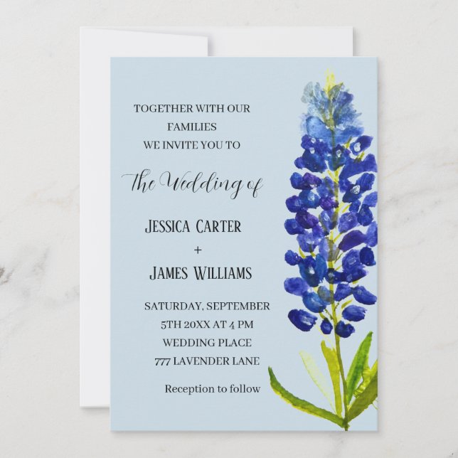 Blånät Texas Blue Watercolor Blommigt Bröllop Inbjudningar (Framsida)