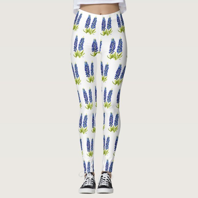 Blånät Texas Flowers Wildblommor Watercolor Leggings (Framsida)