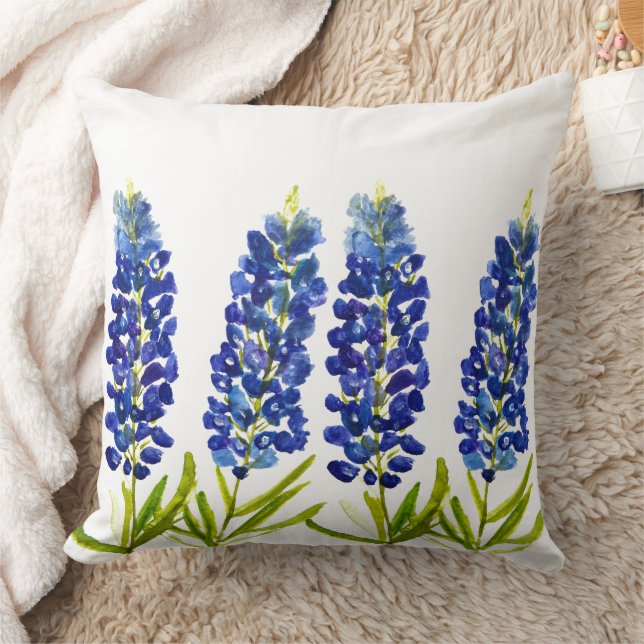 Blånät Texas State Flowers Lupine Watercolor Kudde (Filt)