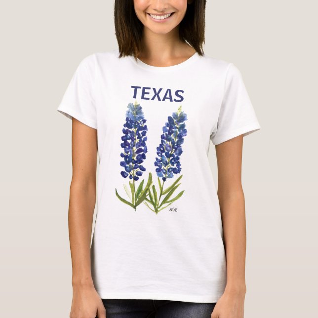 Blånät Texas Wildblommor Lupine Watercolor T Shirt (Framsida)
