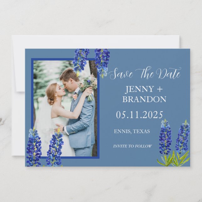 Blånätsfoto Modern Blue Blommigt Elegant Photo Spara Datumet (Framsida)