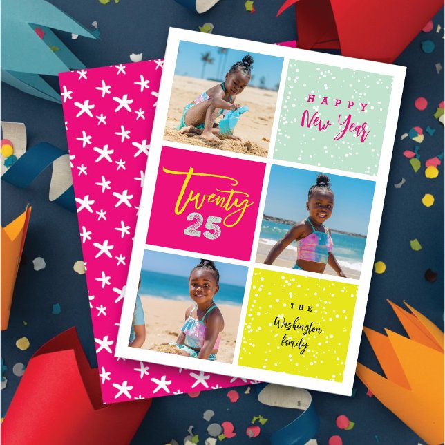 Blanda penselskript 2025, typografi, nyårstidsfoto julkort (Mix Brush Script 2025 Typography New Year 3 Photo Holiday Card @ fat_fa_tin)