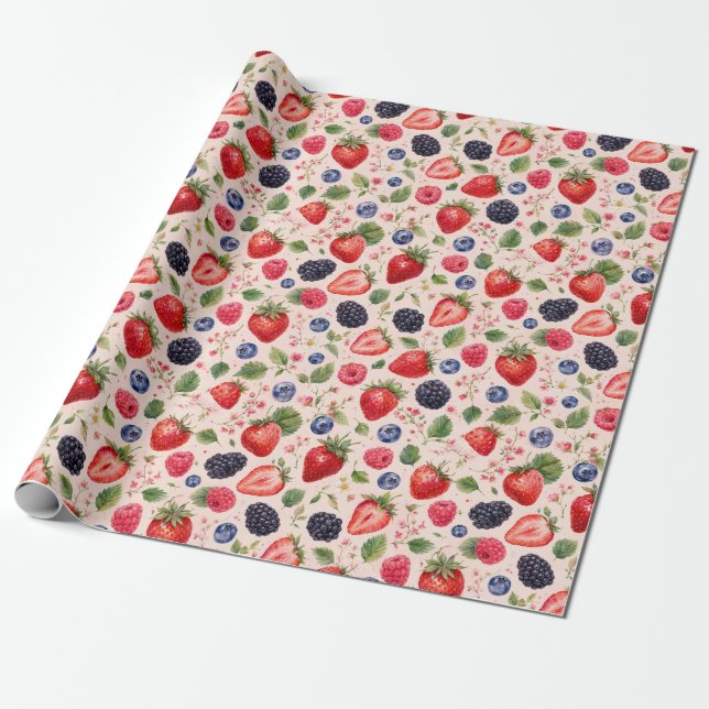 Blandad Bär Vattenfärg Frukt Mönster Present Presentpapper (Utrullad)