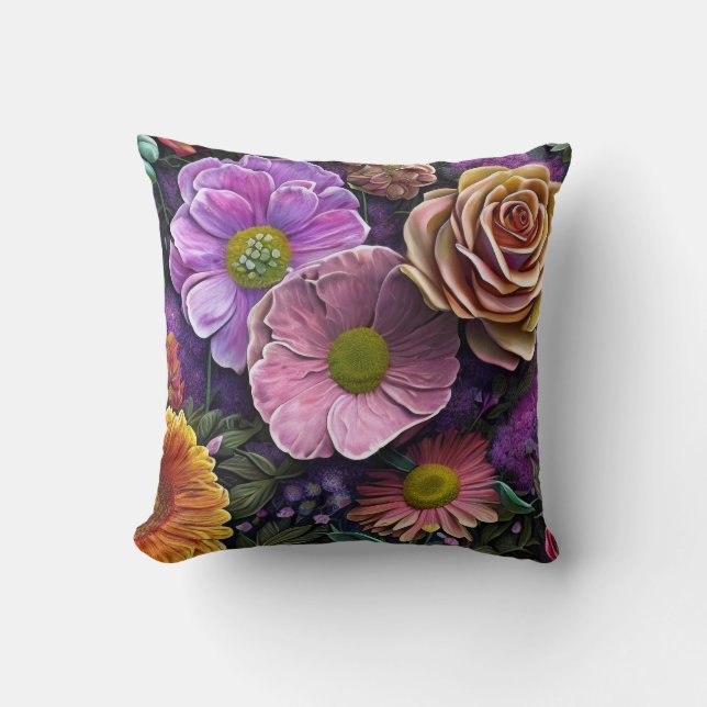 Blandade blommor, färgglada, retro modern vår kudde (Framsida)