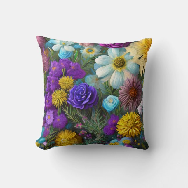 Blandade blommor, färgglada, retro modern vår T Kudde (Framsida)